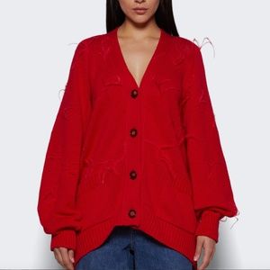 MARQUES' ALMEIDA Oversized feather-trimmed cotton cardigan - Red